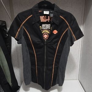 Harley-Davidson Black and Orange Women's Top